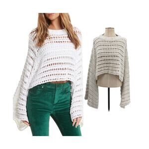 Free People Caught Up Crochet Bell Sleeve Crop Sweater Boho Womens Size Small